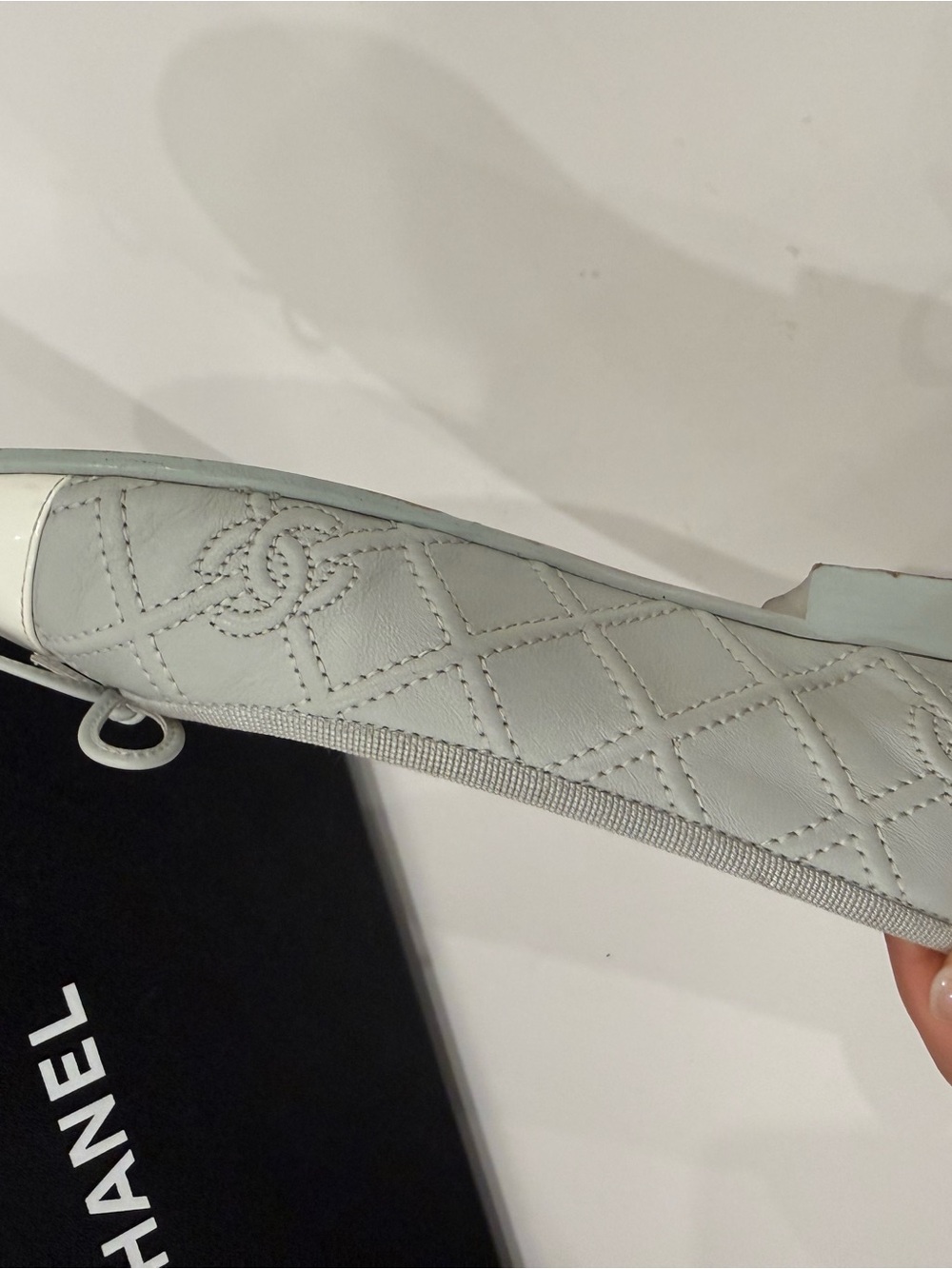100% AUTHENTIC CHANEL Blue Gray Quilted Leather Ballet Flats with White Cap Toe - Picture 8 of 12